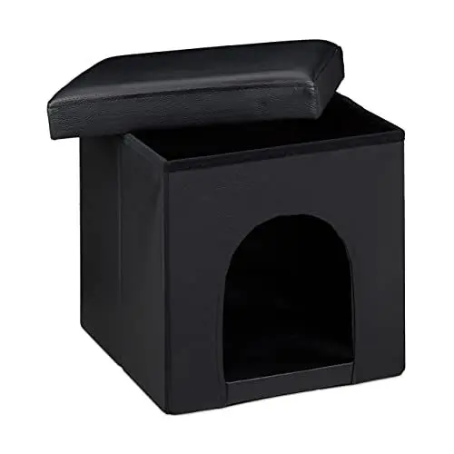 Produktbild: Relaxdays Hundebox Sitzhocker HBT 38 x 38 x 38 cm Stabiler Sitzcube mit praktischer Tierhöhle für Hunde und Katze aus hochwertigem Kunstleder und Deckel zum Abnehmen für Ihren Wohnraum, schwarz, Faltbarer Sitzhocker Hundehütte, Faltbarer Sitzhocker Hundehütte