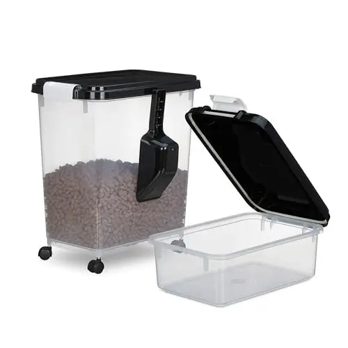 Produktbild: Relaxdays Hundefutter Aufbewahrungsbox 2er Set, 10L und 30L, Deckel, Rollen, Schaufel, Futterbox, transparent/schwarz
