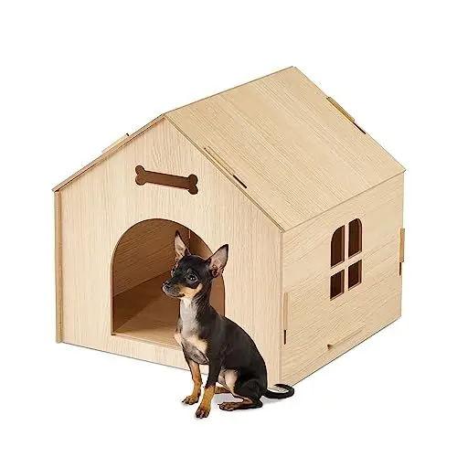 Produktbild: Relaxdays Hundehütte Indoor, Katzenhaus zum selber Bauen, Haustierhaus, für kleine Hunde & Katzen, Hundehöhle MDF, Natur, 1 Stück