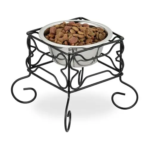 Produktbild: Relaxdays Hundenapf, erhöhter Napfständer, 700 ml Volumen, HxBxT: 19 x 22 x 22 cm, Eisen & Edelstahl, schwarz/silber