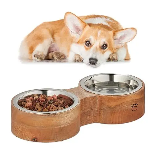 Produktbild: Relaxdays Hundenapfbar, für Hunde, 2 Edelstahlnäpfe, je 1 l Volumen, HxBxT: 8 x 39,5 x 18 cm, Trinknapf, Natur/Silber