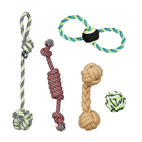 Produktbild: Relaxdays Hundespielzeug Set 5-teilig, Tauspielzeug & Zerrspielzeug, kleine & mittlere Hunde, drinnen & draußen, bunt, 42 x 8 x 8 cm
