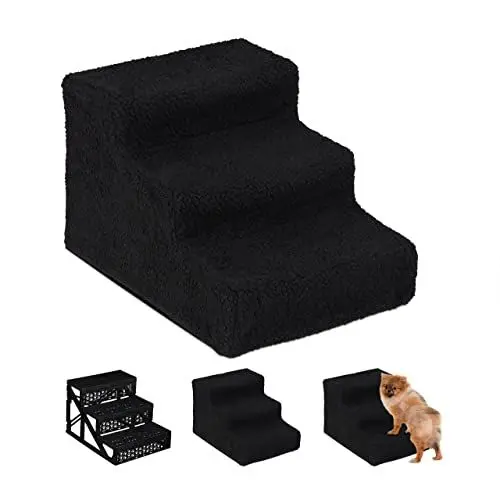 Produktbild: Relaxdays Hundetreppe 3 Stufen, kleine & große Hunde, Bett & Couch, Stoffbezug, Tiertreppe innen, 30x35x45 cm, schwarz 1 Stück