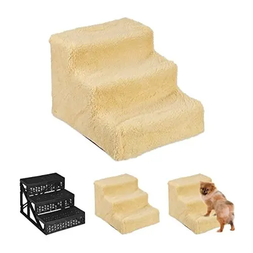 Produktbild: Relaxdays Hundetreppe 3 Stufen, kleine & große Hunde, Bett & Couch, Stoffbezug, Tiertreppe innen, HBT 30x35x45 cm, beige