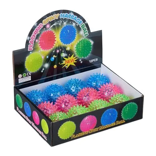 Produktbild: Relaxdays Igelball, 12er Set, blinkende Leuchtbälle in 3 Farben, mit Noppen, LED Flummis für Kinder, Ø 6,5 cm, bunt