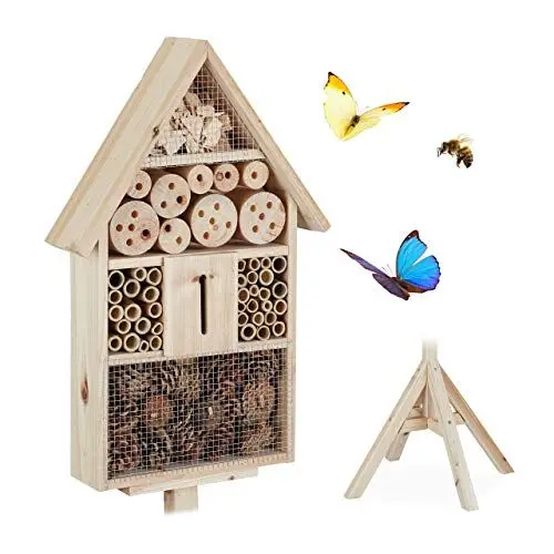 Produktbild: Relaxdays Insektenhotel Haus auf Ständer, Nisthilfe für Garten, Bienenhotel Wildbienen, Holz, HBT: 140x47x47cm, natur