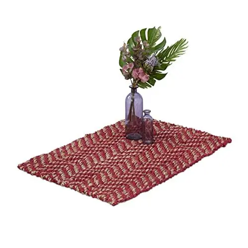 Produktbild: Relaxdays Jute Teppich, 60 x 90 cm, handgewebter Teppichläufer, Naturfasern, Läufer Flur, Wohnzimmer, Küche, rot/beige