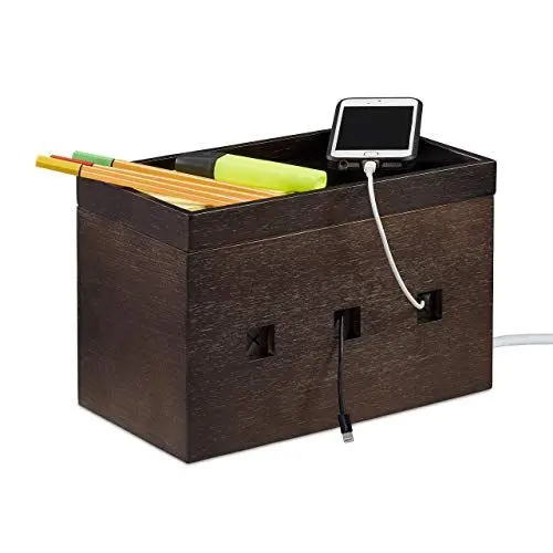 Produktbild: Relaxdays Kabelbox Bambus, Steckdosenleiste & Kabel verstecken, Kabelmanagement Schreibtisch, HBT 16,5x25,5x14cm, braun
