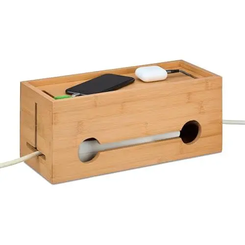 Produktbild: Relaxdays Kabelbox für 2 Steckdosenleisten, Bambus, HxBxT: 14 x 34,5 x 14 cm, Kabel verstecken, Steckdosenbox, natur