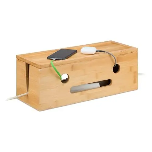 Produktbild: Relaxdays Kabelbox für 2 Steckdosenleisten, Bambus, HxBxT: 15,5 x 42 x 16 cm, Kabel verstecken, Steckdosenbox, Natur