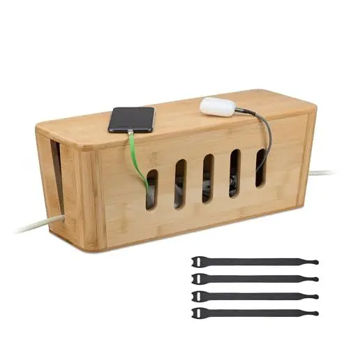 Produktbild: Relaxdays Kabelbox für 2 Steckdosenleisten, Bambus, HxBxT: 16,5 x 44 x 16 cm, Kabel verstecken, Steckdosenbox, natur
