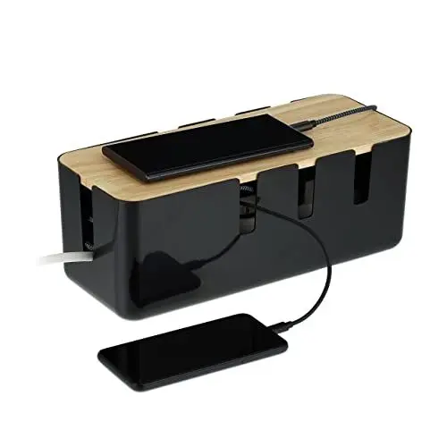 Produktbild: Relaxdays Kabelbox, für 2 Steckdosenleisten, Holzdeckel, Kunststoff, Kabel verstecken, HBT: 11,5x30,5x12,5 cm, schwarz