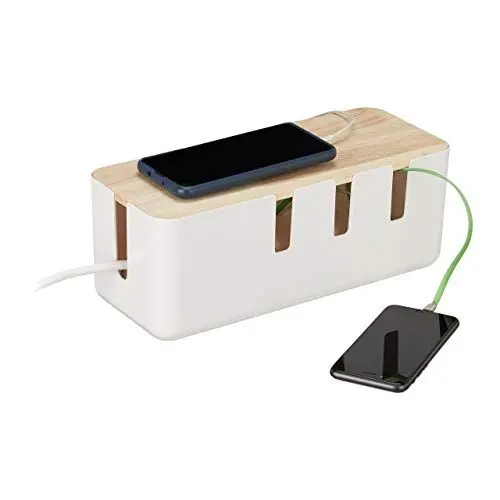 Produktbild: Relaxdays Kabelbox groß, für Steckdosenleiste, Kunststoff & Holz, Kabel verstecken, 11,5x30x12,5 cm, Steckdosenbox, weiß