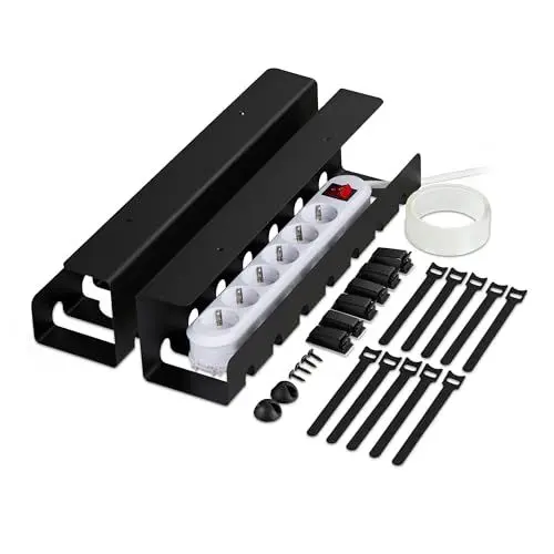 Produktbild: Relaxdays Kabelkanal Schreibtisch, 2er Set, Kabelmanagement, HBT: 10 x 43 x 10 cm, Zubehör zum Fixieren, schwarz