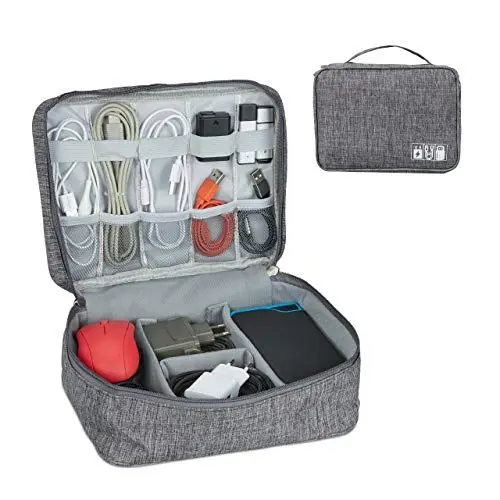 Produktbild: Relaxdays Kabeltasche, Organizer für Ladekabel, USB Stick, PC Zubehör, Stoff, Kabelaufbewahrung HxBxT: 11x25x20 cm, grau