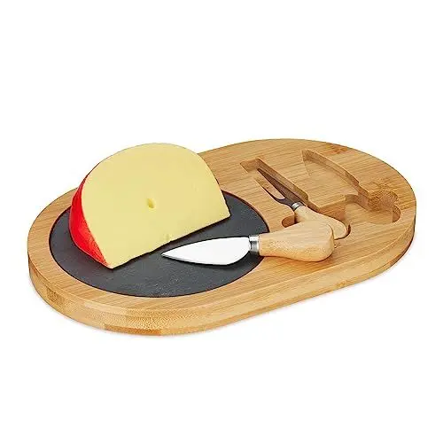 Produktbild: Relaxdays Käsebrett mit Käsemesser Set, Bambus Käseplatte mit Schiefer & Käsebesteck, B x T: 28 x 18 cm, Natur/schwarz