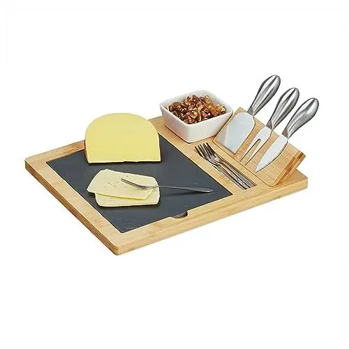 Produktbild: Relaxdays Käsebrett mit Schieferplatte, 3-TLG. Käsebesteck, Dipschale, 4X Serviergabel, Bambus Käseplatte, Natur/schwarz