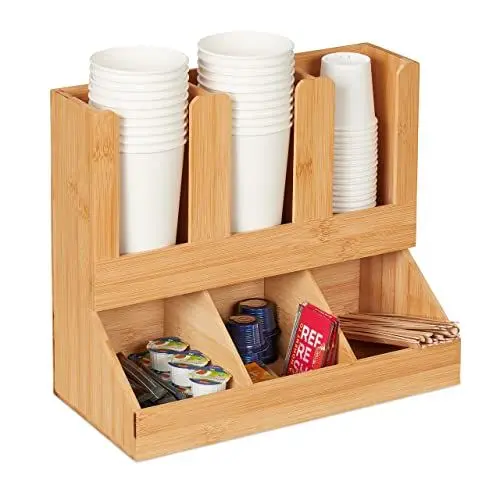 Produktbild: Relaxdays Kaffee Organizer, 6 Fächer, Bambus, HBT: 29,5 x 34,5 x 17 cm, Kaffeestation Milch, Zucker, Kaffeebecher, Natur