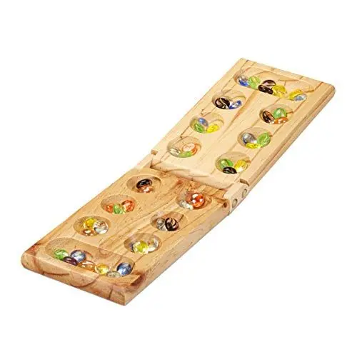 Produktbild: Relaxdays Kalaha Spiel, klappbar, aus Holz, 48 Steine, für 2 Personen, Kinder & Erwachsene, Mancala Brettspiel, natur