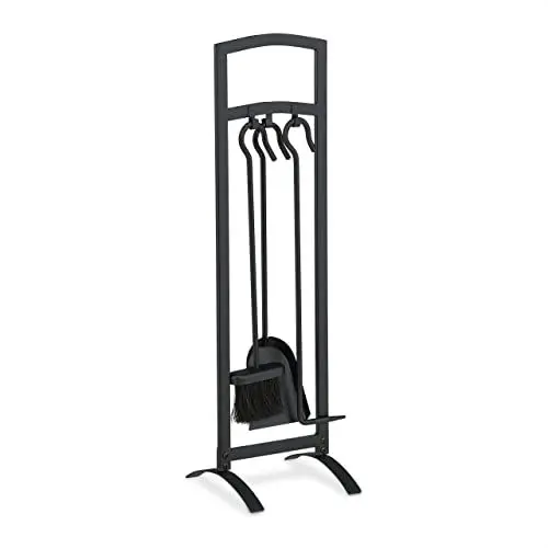 Produktbild: Relaxdays Kaminbesteck, 4 TLG. Kamingarnitur mit Schürhaken, Schaufel, Besen, & Ständer, Ofenbesteck modern, schwarz