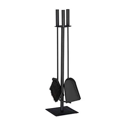 Produktbild: Relaxdays Kaminbesteck, 4-teilige Kamingarnitur mit Schaufel, Besen, Schürhaken & Halter, Ofenbesteck modern, schwarz, 61 x 15 x 15 cm