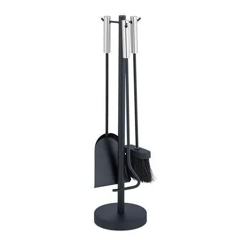 Produktbild: Relaxdays Kaminbesteck, 4-teiliges Set, Schürhaken, Ascheschaufel, Kaminbesen & Ständer, Kamingarnitur modern, schwarz