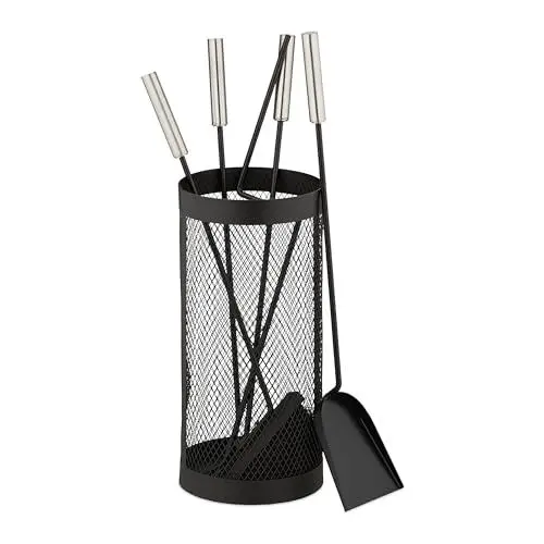 Produktbild: Relaxdays Kaminbesteck, 5-TLG. Set, im Eimer, Schürhaken, Ascheschaufel, Besen, Zange & Ständer, Kamingarnitur, schwarz