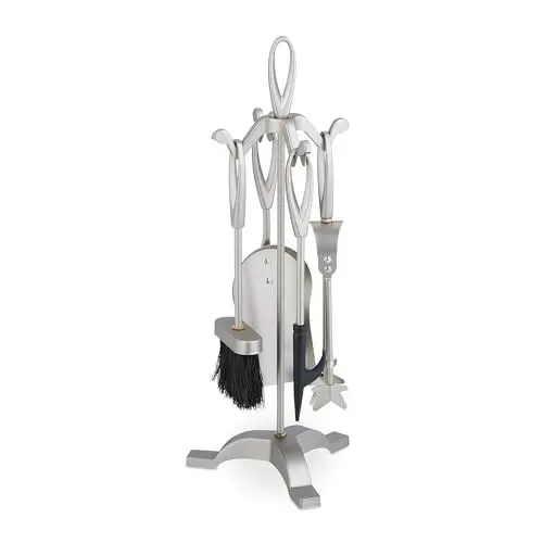 Produktbild: Relaxdays Kaminbesteck, 5-teiliges Set, Schürhaken, Ascheschaufel, Besen, Zange & Ständer, Kamingarnitur, Eisen, Silber