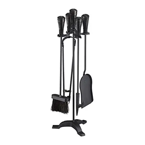 Produktbild: Relaxdays Kaminbesteck, 5-teiliges Set, Schürhaken, Ascheschaufel, Besen, Zange & Ständer, Kamingarnitur, Stahl, schwarz