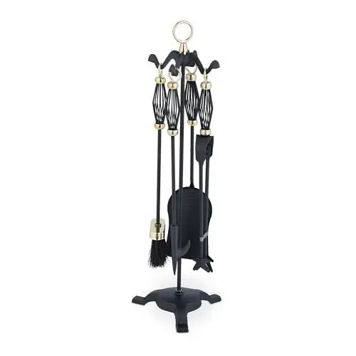 Produktbild: Relaxdays Kaminbesteck 5tlg. Set, Schürhaken, Ascheschaufel, Besen, Zange & Ständer, Eisen, Kamingarnitur, schwarz/Gold