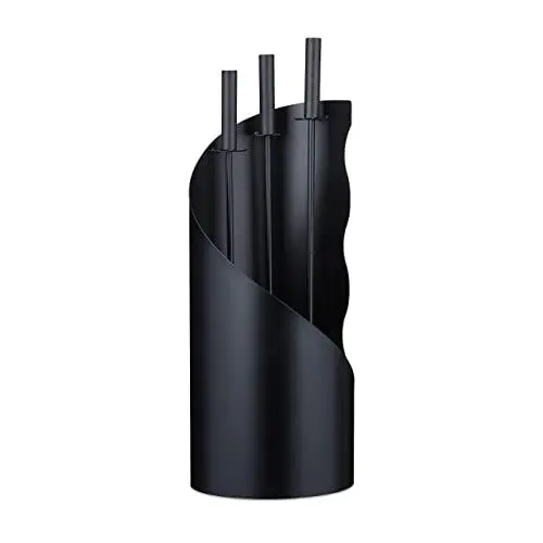 Produktbild: Relaxdays Kaminbesteck modern, 4-teilige Kamingarnitur mit Schürhaken, Ascheschaufel, Kaminbesen & Ständer, schwarz