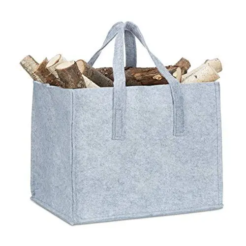 Produktbild: Relaxdays Kaminholzkorb, 2 Griffe, faltbar, Zeitungshalter, Filzkorb Kaminholztasche Filz, Grau, 1 Stück