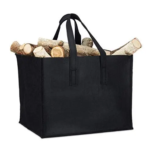 Produktbild: Relaxdays Kaminholzkorb, 2 Griffe, faltbar, Zeitungshalter, Filzkorb Kaminholztasche Filz, Schwarz, 1 Stück