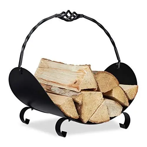 Produktbild: Relaxdays Kaminholzkorb Metall, Holztrage mit Henkel, HBT: 42,5 x 43,5 x 30 cm, innen, Holzkorb für Kaminholz, schwarz