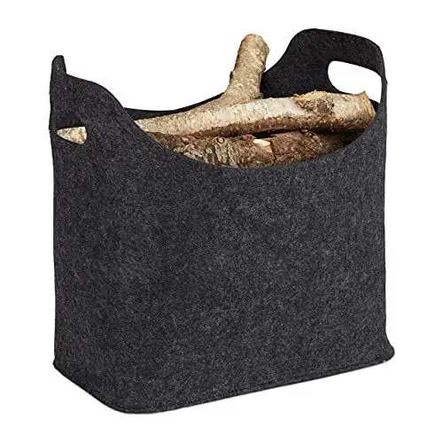 Produktbild: Relaxdays Kaminholzkorb aus Filz, HxBxT: 39,5 x 40 x 23 cm, 2 Griffe, faltbar, Zeitungshalter, Filzkorb, anthrazit