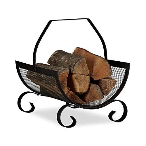 Produktbild: Relaxdays Kaminholzkorb schwarz, Brennholzkorb groß, Holzwiege Kamin, Feuerholzkorb Metall, HxBxT 40 x 33 x 38 cm, black