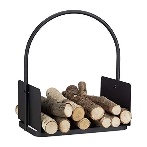 Produktbild: Relaxdays Kaminholzkorb schwarz, Brennholzkorb groß, Holzwiege Kamin, Feuerholzkorb Metall, HxBxT 47 x 40 x 30 cm, black