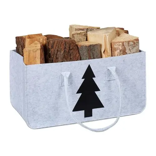 Produktbild: Relaxdays Kaminholztasche aus Filz, 28l Volumen, Filztasche, Tannenbaum-Motiv, für Kaminholz, Holzkorb, hellgrau/schwarz