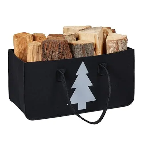 Produktbild: Relaxdays Kaminholztasche aus Filz, 28l Volumen, XXL Filztasche, Tannenbaum-Motiv, für Kaminholz, Holzkorb, schwarz/weiß