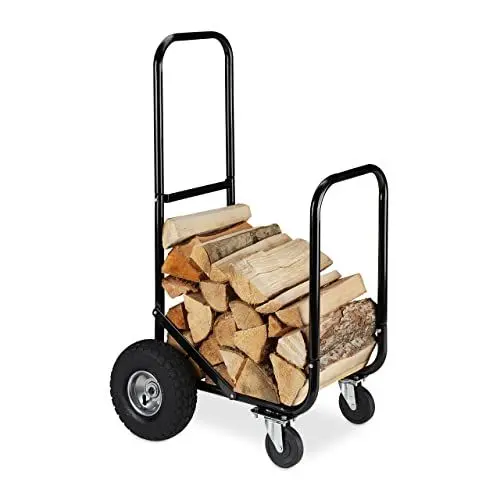 Produktbild: Relaxdays Kaminholzwagen, 2 Reifen & 2 Rollen, bis 60 kg, Brennholzwagen Stahl, Holztransport & -aufbewahrung, schwarz