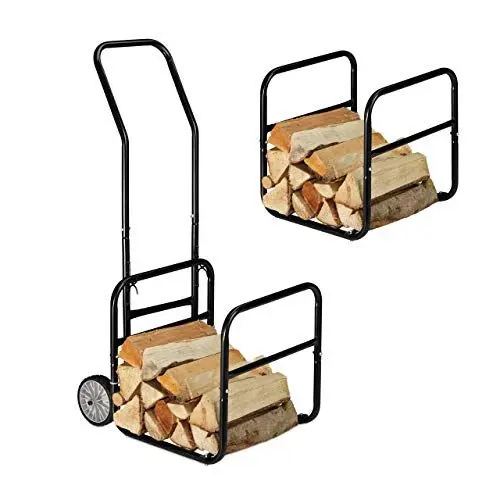 Produktbild: Relaxdays Kaminholzwagen, 2in1 Brennholzkarre & Feuerholzregal, aus Stahl, bis 45 kg, Transport & Aufbewahrung, schwarz