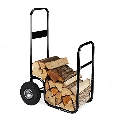 Produktbild: Relaxdays Kaminholzwagen, Brennholzwagen aus Stahl, mit 2 Luftreifen, bis 60 kg, Holztransport & -aufbewahrung, schwarz