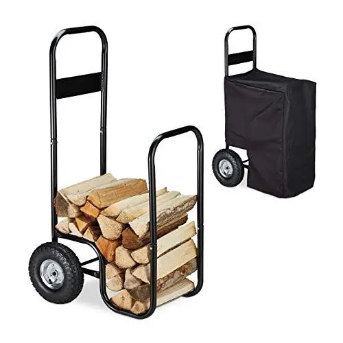 Produktbild: Relaxdays Kaminholzwagen Metall, Wetterschutz-Plane, 2 Räder, 60 kg, Transport & Aufbewahrung, Brennholzkarre, schwarz, 109 x 58 x 51 cm