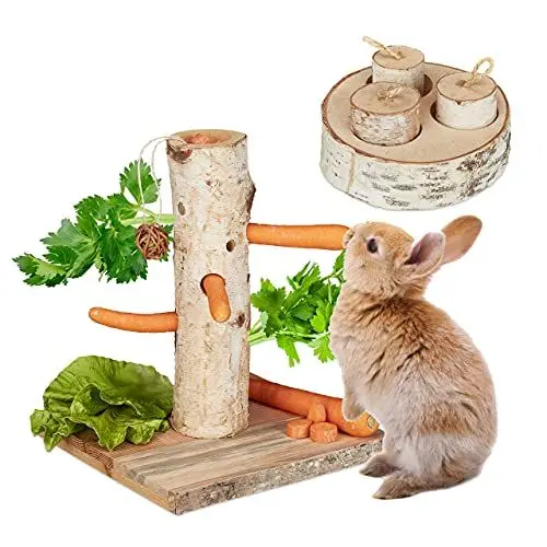 Produktbild: Relaxdays Kaninchen Spielzeug, 2tlg. Set, Nagerbaum & Intelligenzspielzeug, Holz, Zubehör Meerschweinchen, Hasen, Natur