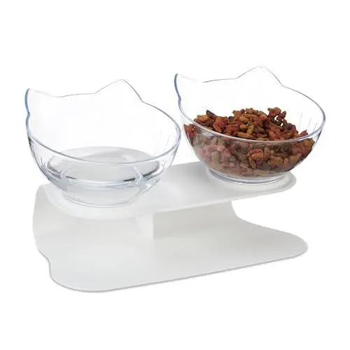 Produktbild: Relaxdays Katzen Doppelnapf, 2 Fressnäpfe, 500ml, HBT 16x27,5x13,5 cm, Fressnapfset, Wassernapf erhöht, weiß/transparent