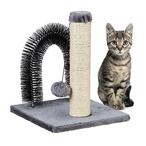 Produktbild: Relaxdays Katzen Kratzsäule mit Enthaarungsbogen, 2in1, Sisal Katzenbaum, Pflege und Spiel, Massagebogen, 37x30x30, grau
