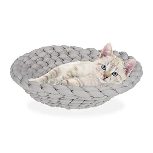 Produktbild: Relaxdays Katzenbett, rund 45 cm Ø, Haustierbett für Katzen & kleine Hunde, gehäkelt, Katzenkörbchen ergonomisch, grau