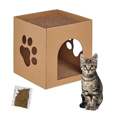 Produktbild: Relaxdays Katzenhaus Pappe, Katzenhöhle mit Kratzbrett, zum Zusammenbauen, inkl. Katzenminze, HBT: 30x30x30,5 cm, braun