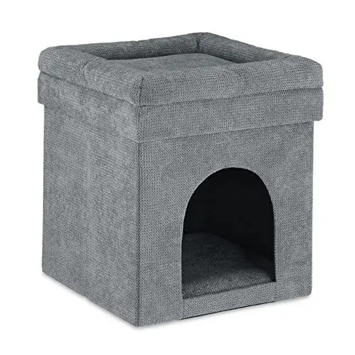 Produktbild: Relaxdays Katzenhöhle Hocker, Versteck für Katzen & kleine Hunde, Faltbarer Sitzhocker, HxBxT: 42 x 38 x 38 cm, grau