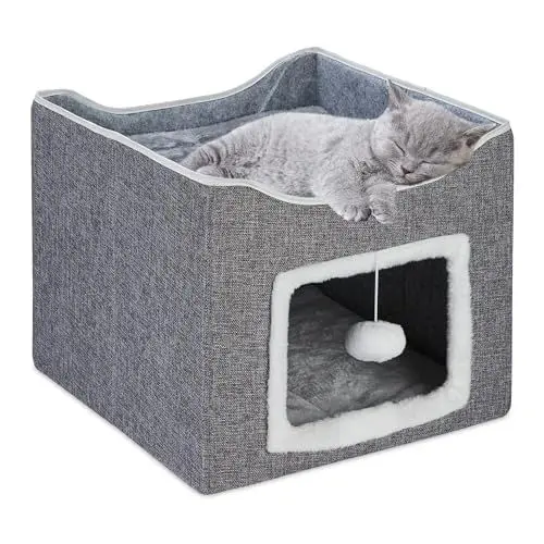 Produktbild: Relaxdays Katzenhöhle, HxBxT: 32 x 40 x 40 cm, Kratzfläche, Katzenspielzeug, 2 Katzenkissen, faltbares Katzenhaus, grau